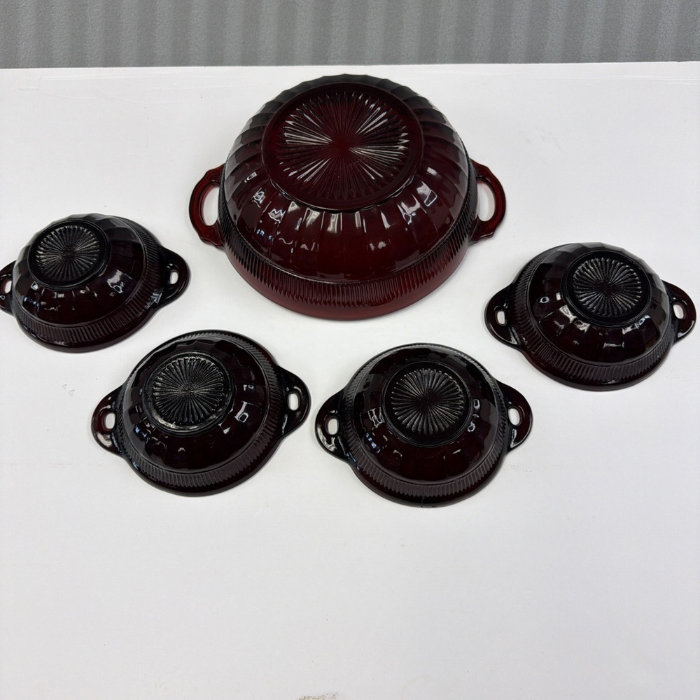 Anchor hocking 5 RUBY RED DEPRESSION GLASS Berry BOWLS W/HANDLES 1 Salad Bowl - Picture 5 of 12